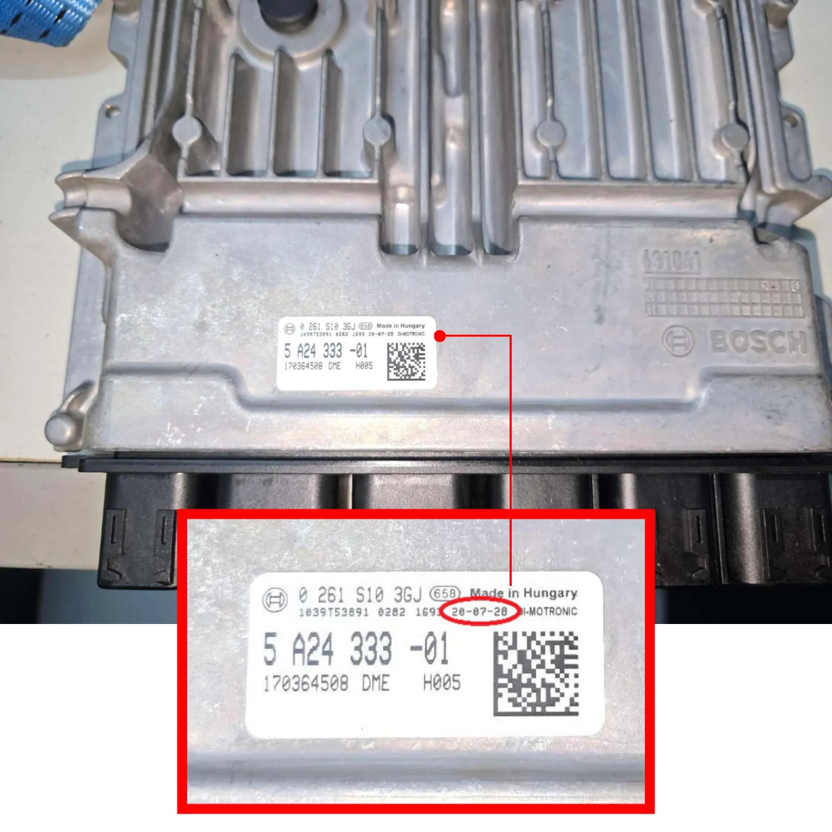 BMW ECU manufacture date example showing post June 2020 ECU label